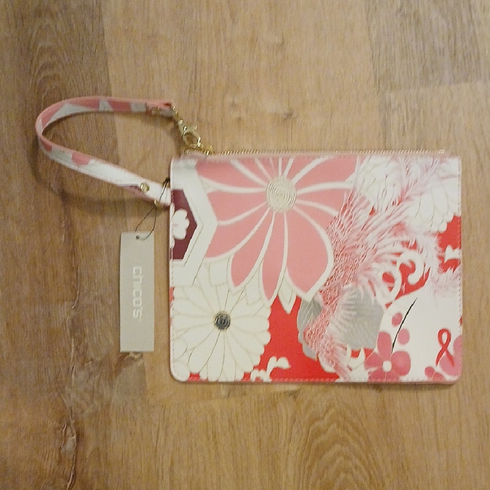 Chico's Breast Cancer Awareness White and Pink Floral Pouch